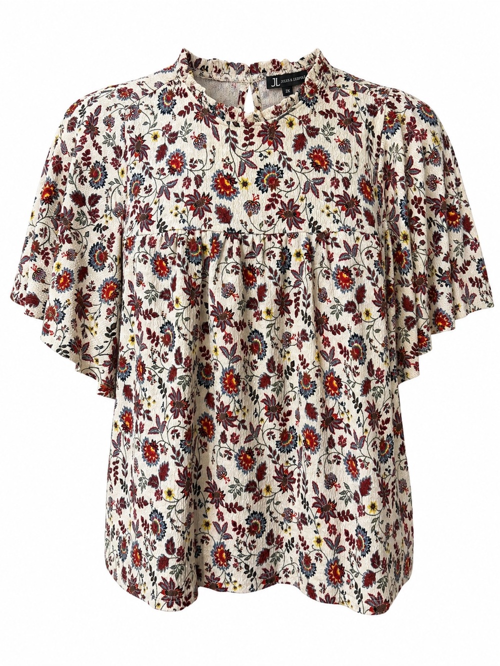 Jules & Leopold 2X Floral Ruffle Neck Flutter Sleeve Blouse Cream Burgundy Blue